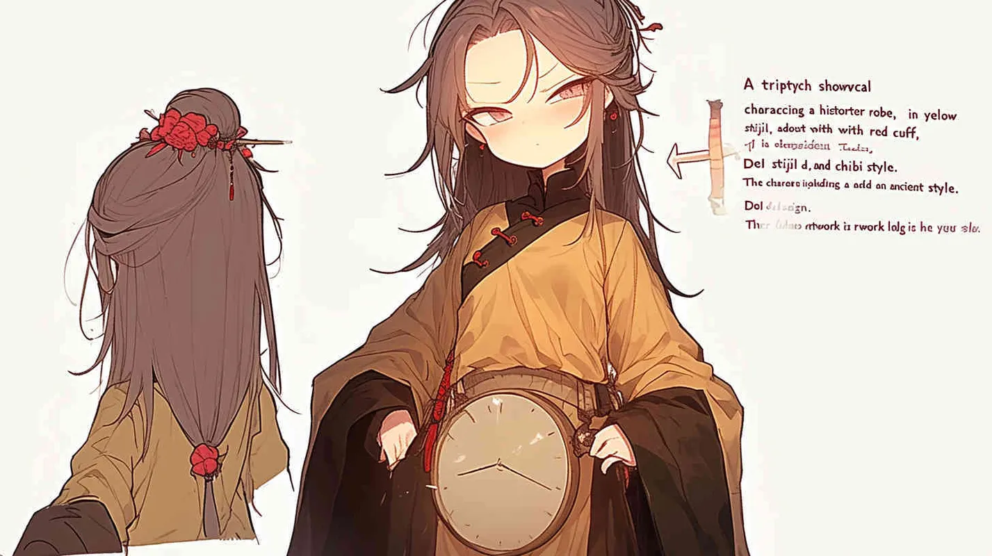 A three view view, front, side, back, and full body, featuring a historical costume Q-version character wearing a yellow Taoist robe,DeI stijil,chibi style, red cuffs, and half tied hair, holding a clock, a boy,OC setting, Q-version art style, white background,  ancient style IP design, Q-version, best quality, using the Niji v6 version, size must be horizontal version，4k, super detail , front view -- niji 6- s 150-- ar 3:2-- style raw - style3部分