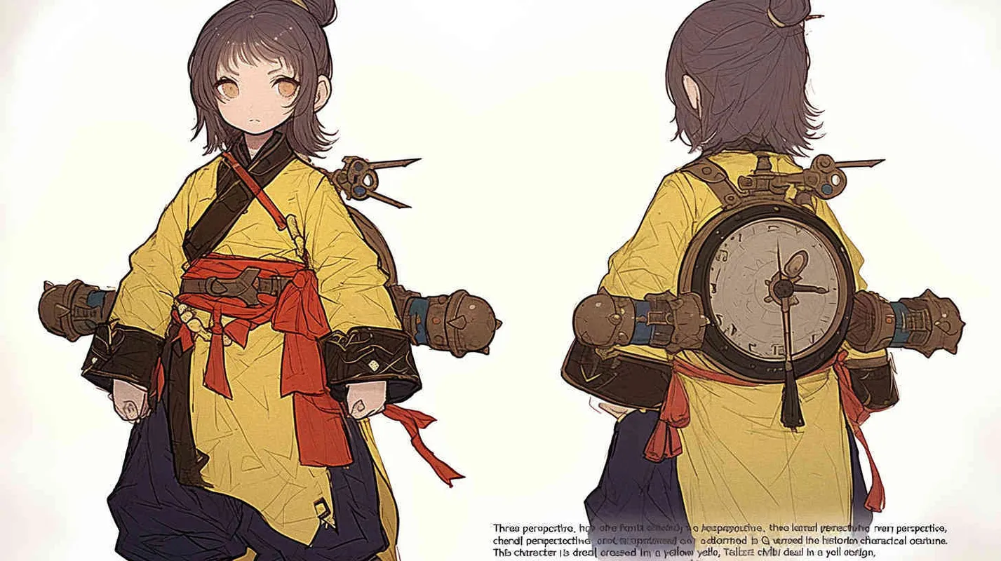 Three views , namely the front view , the side view and the bacn view，featuring a historical costume Q-version character wearing a yellow Taoist robe,DeI stijil,chibi style, red cuffs, and half tied  long hair, holding a clock, a boy,OC setting, Q-version art style, white background ，4k, super detail , front view -- niji 6- s 150-- ar 3:2-- style raw - style1部分