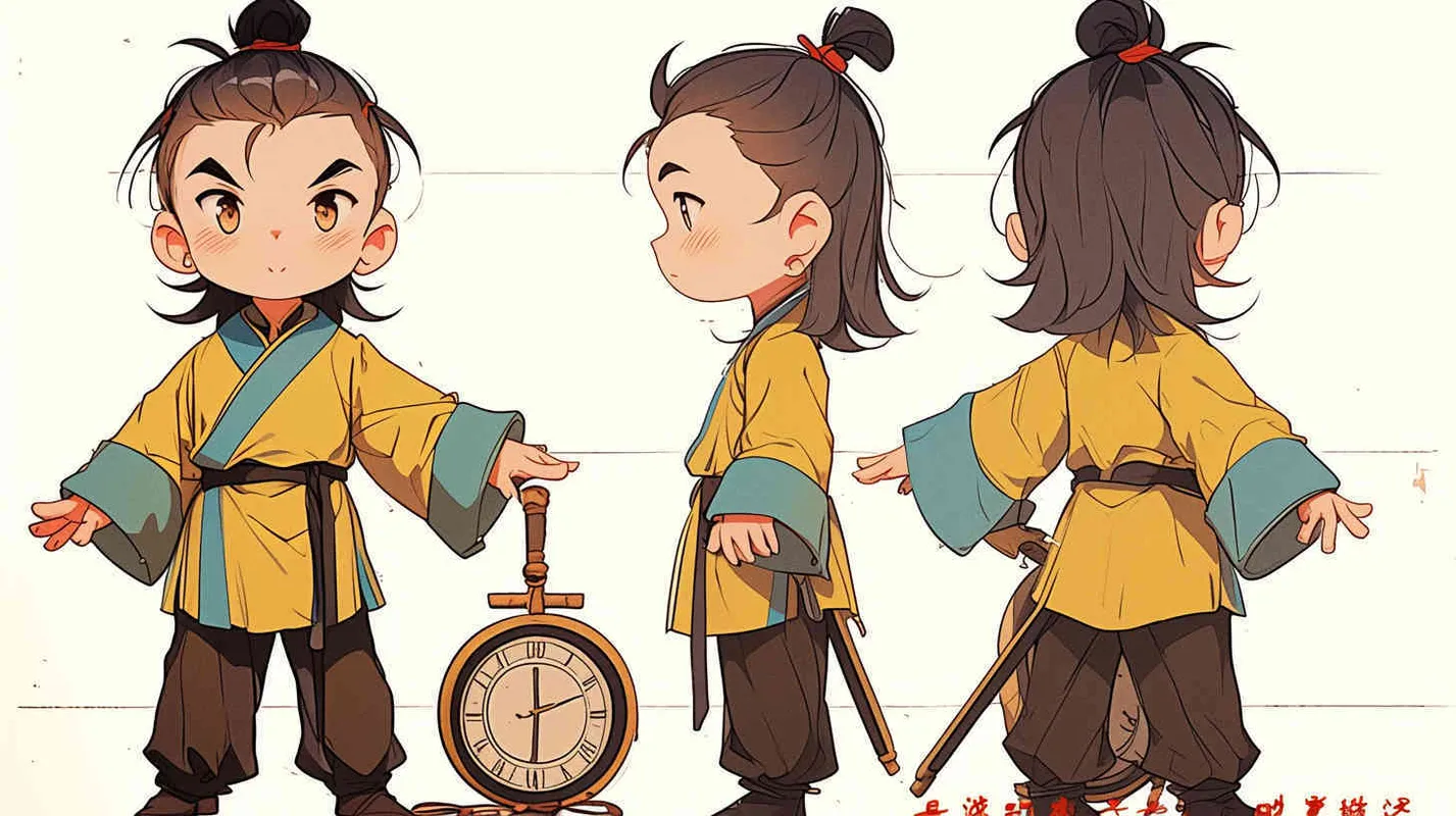 Three views , namely the front view , the side view and the bacn view，featuring a historical costume Q-version character wearing a yellow Taoist robe,DeI stijil,chibi style, red cuffs, and half tied  long hair, holding a clock, a boy,OC setting, Q-version art style, white background ，4k, super detail , front view -- niji 6- s 150-- ar 3:2-- style raw - style2部分