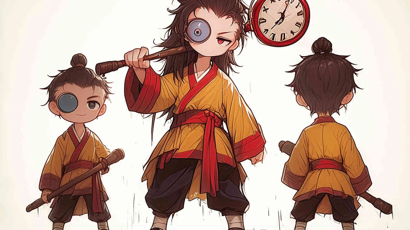 Three views , namely the front view , the side view and the bacn view，featuring a historical costume Q-version character wearing a yellow Taoist robe,DeI stijil,chibi style, red cuffs, and half tied  long hair, holding a clock, a boy,OC setting, Q-version art style, white background ，4k, super detail , front view -- niji 6- s 150-- ar 3:2-- style raw - style4部分