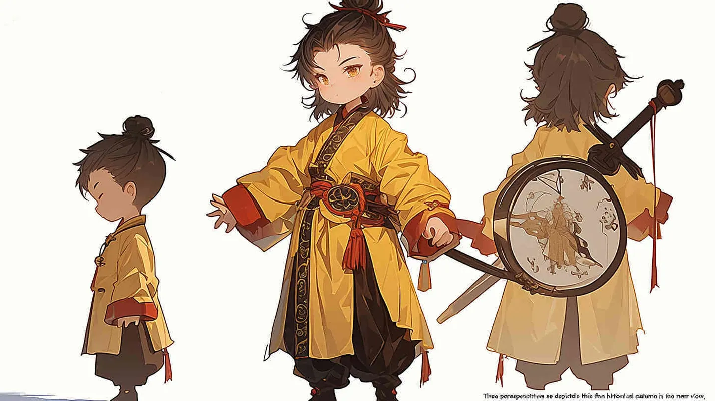 Three views , namely the front view , the side view and the bacn view，featuring a historical costume Q-version character wearing a yellow Taoist robe,DeI stijil,chibi style, red cuffs, and half tied  long hair, holding a clock, a boy,OC setting, Q-version art style, white background,  ancient style IP design, Q-version, best quality, using the Niji v6 version, size must be horizontal version，Three perspectives on the same horizontal line ，4k, super detail , front view -- niji 6- s 150-- ar 3:2-- style raw - style1部分