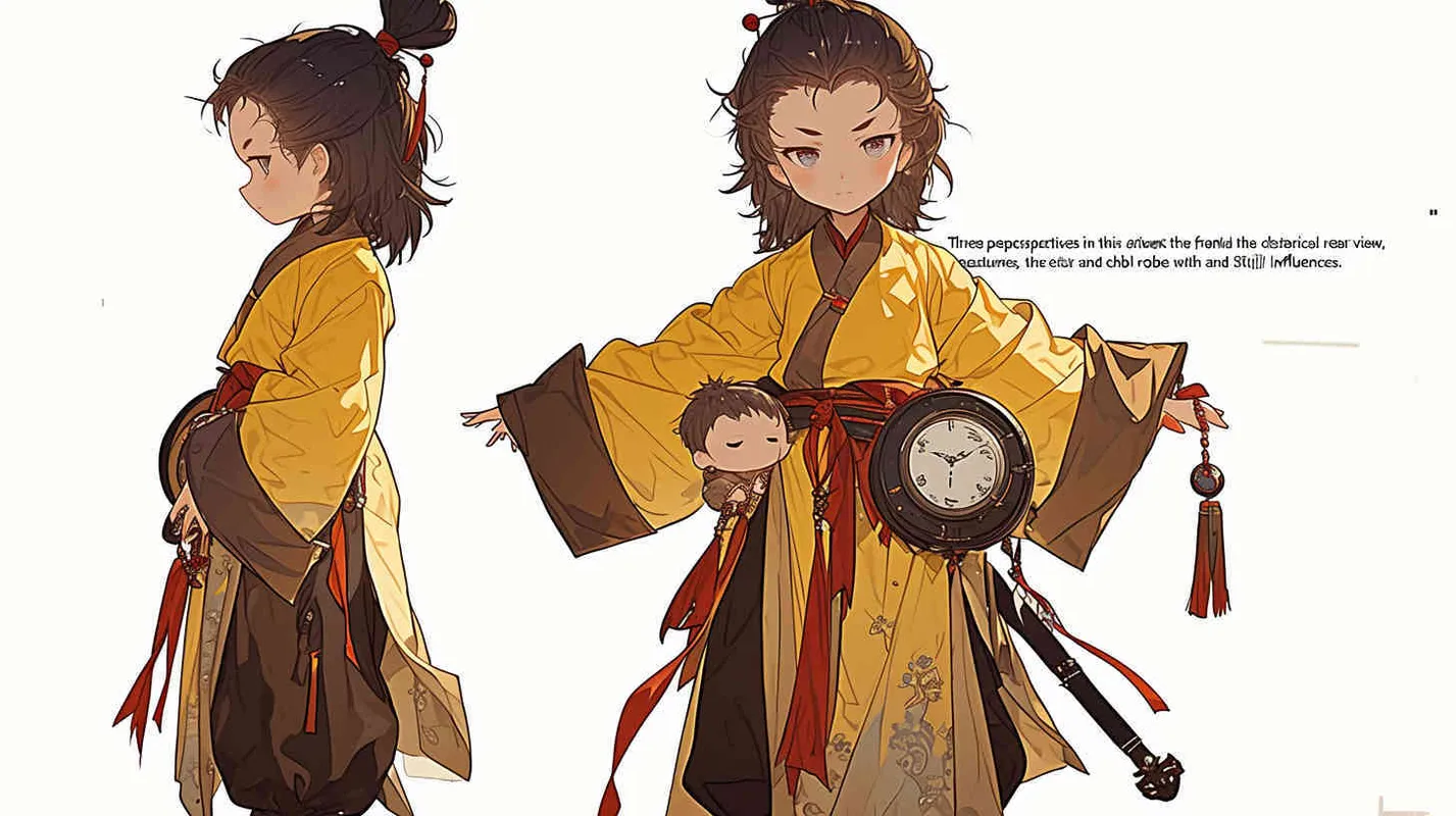 Three views , namely the front view , the side view and the bacn view，featuring a historical costume Q-version character wearing a yellow Taoist robe,DeI stijil,chibi style, red cuffs, and half tied  long hair, holding a clock, a boy,OC setting, Q-version art style, white background,  ancient style IP design, Q-version, best quality, using the Niji v6 version, size must be horizontal version，Three perspectives on the same horizontal line ，4k, super detail , front view -- niji 6- s 150-- ar 3:2-- style raw - style2部分