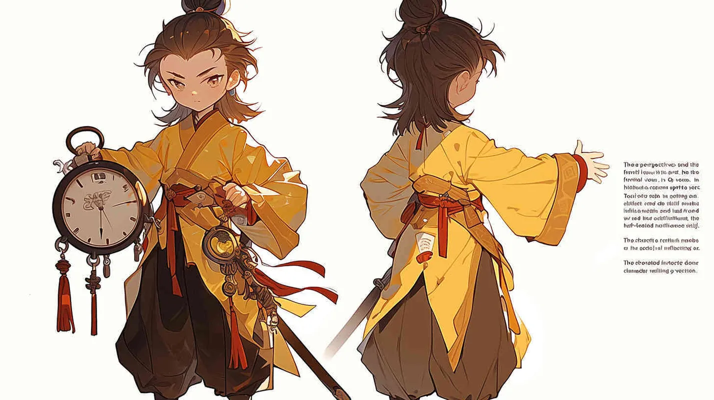 Three views , namely the front view , the side view and the bacn view，featuring a historical costume Q-version character wearing a yellow Taoist robe,DeI stijil,chibi style, red cuffs, and half tied  long hair, holding a clock, a boy,OC setting, Q-version art style, white background,  ancient style IP design, Q-version, best quality, using the Niji v6 version, size must be horizontal version，Three perspectives on the same horizontal line ，4k, super detail , front view -- niji 6- s 150-- ar 3:2-- style raw - style3部分