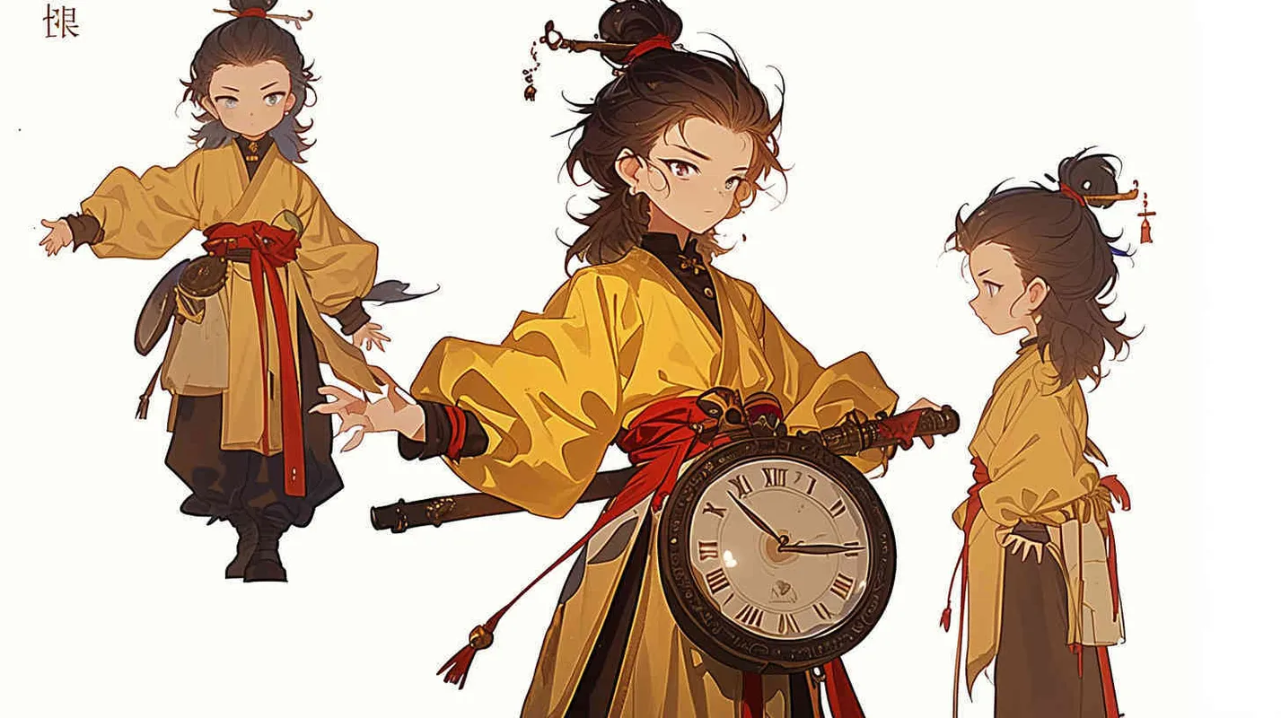 Three views , namely the front view , the side view and the bacn view，featuring a historical costume Q-version character wearing a yellow Taoist robe,DeI stijil,chibi style, red cuffs, and half tied  long hair, holding a clock, a boy,OC setting, Q-version art style, white background,  ancient style IP design, Q-version, best quality, using the Niji v6 version, size must be horizontal version，Three perspectives on the same horizontal line ，4k, super detail , front view -- niji 6- s 150-- ar 3:2-- style raw - style4部分