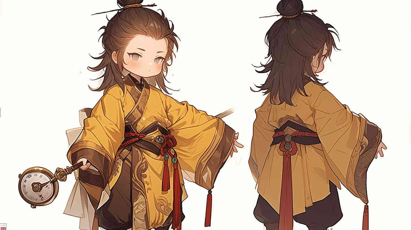 Three views , namely the front view , the side view and the bacn view，featuring a historical costume Q-version character wearing a yellow Taoist robe,DeI stijil,chibi style, red cuffs, and half tied  long hair, holding a clock, a boy,OC setting, Q-version art style, white background,  ancient style IP design, Q-version, best quality, using the Niji v6 version, size must be horizontal version，Three perspectives on the same horizontal line ，4k, super detail , front view -- niji 6- s 150-- ar 3:2-- style raw - style1部分