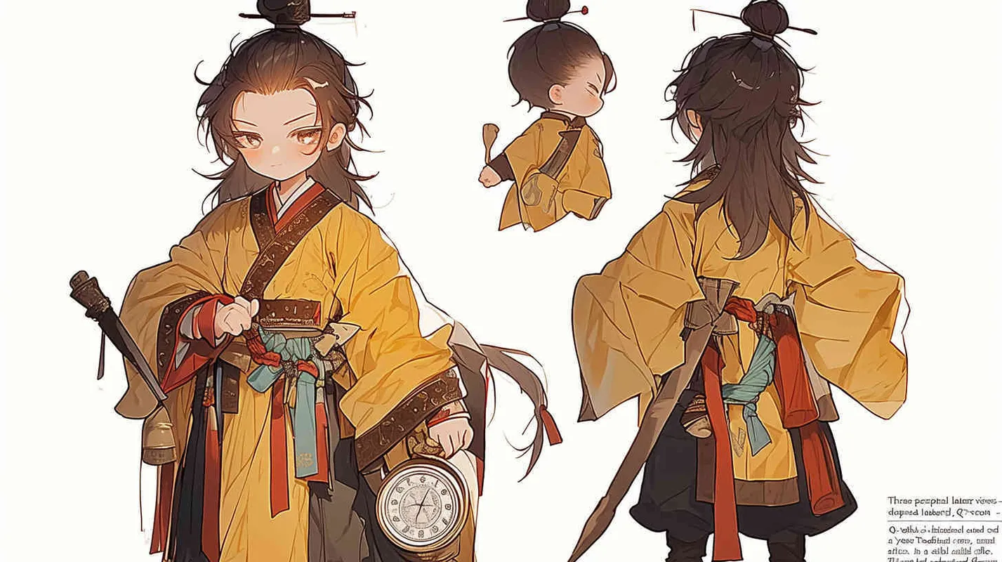 Three views , namely the front view , the side view and the bacn view，featuring a historical costume Q-version character wearing a yellow Taoist robe,DeI stijil,chibi style, red cuffs, and half tied  long hair, holding a clock, a boy,OC setting, Q-version art style, white background,  ancient style IP design, Q-version, best quality, using the Niji v6 version, size must be horizontal version，Three perspectives on the same horizontal line ，4k, super detail , front view -- niji 6- s 150-- ar 3:2-- style raw - style3部分