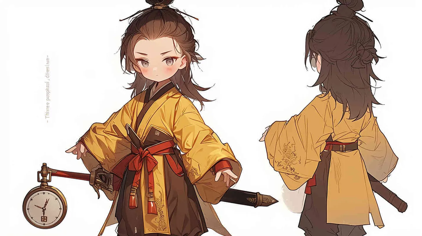 Three views , namely the front view , the side view and the bacn view，featuring a historical costume Q-version character wearing a yellow Taoist robe,DeI stijil,chibi style, red cuffs, and half tied  long hair, holding a clock, a boy,OC setting, Q-version art style, white background,  ancient style IP design, Q-version, best quality, using the Niji v6 version, size must be horizontal version，Three perspectives on the same horizontal line ，4k, super detail , front view -- niji 6- s 150-- ar 3:2-- style raw - style4部分