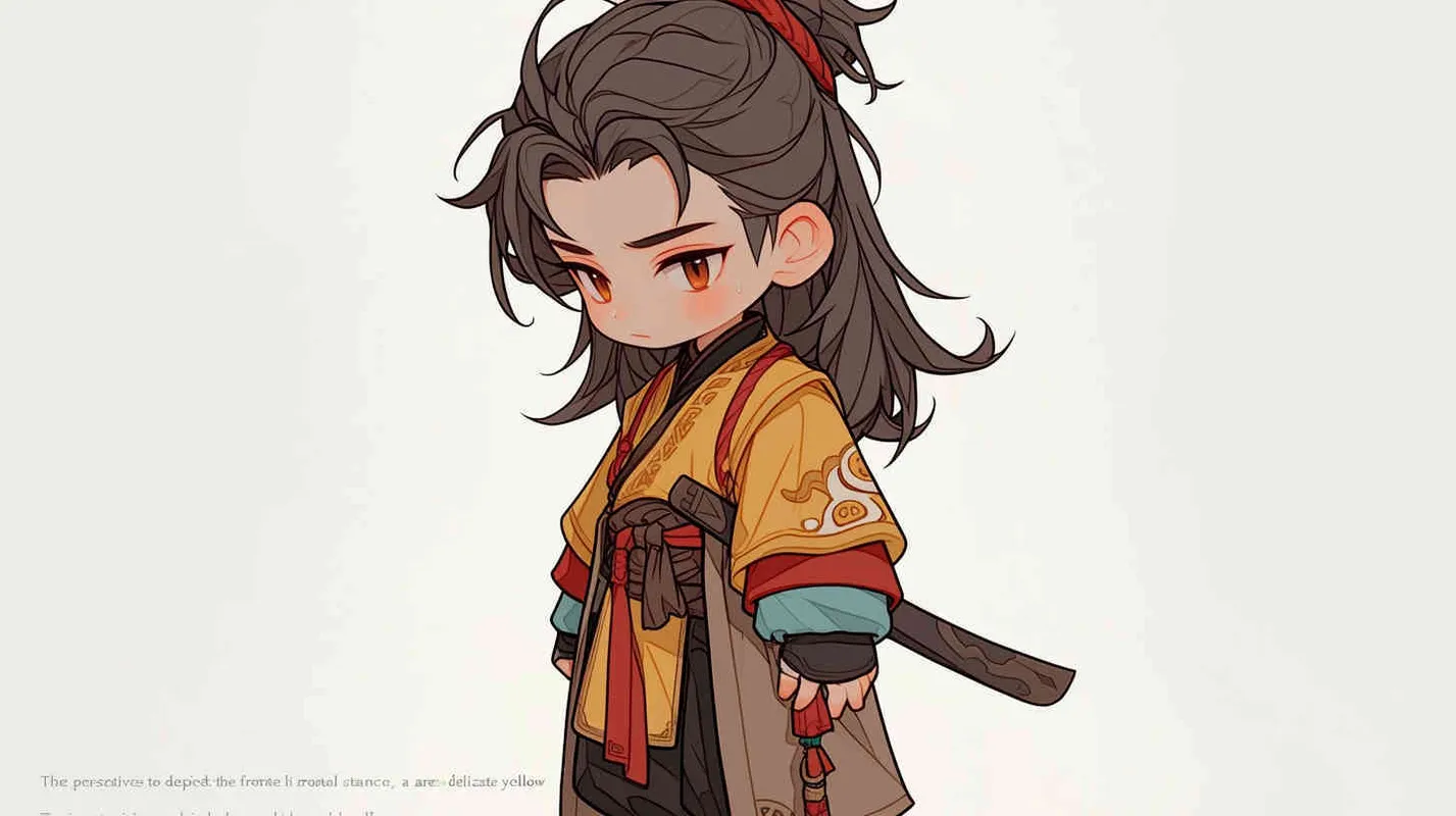 Three views , namely the front view , the side view and the back view，and full body, featuring a Q version of an ancient costume for a boy wearing a light yellow Taoist clothing, red cuffs, half tied long hair, and red headband， DeI stijil,chibi style,  OC setting, Q-version art style, white background,  ancient style IP design,  best quality, using the Niji v6 version, size must be horizontal version，Three perspectives on the same horizontal line ，4k, super detail , front view -- Niji v6- style 150-- ar 3:2-- style raw - style2部分