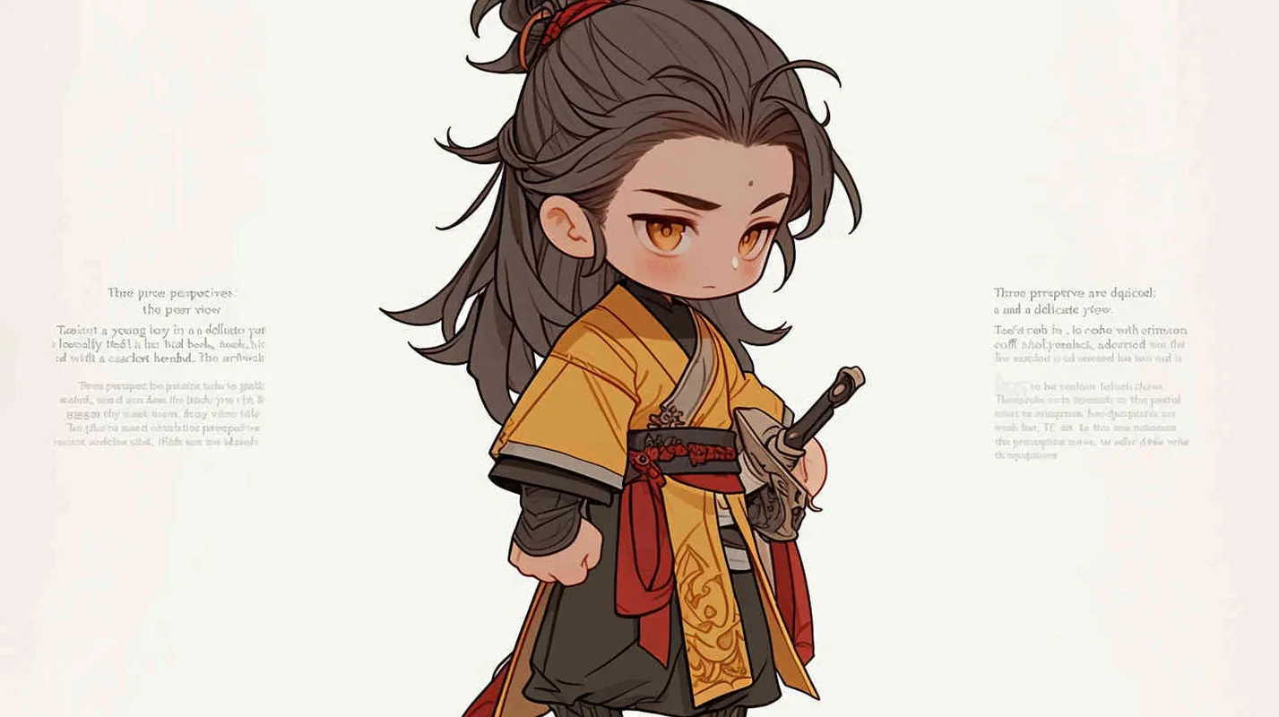Three views , namely the front view , the side view and the back view，and full body, featuring a Q version of an ancient costume for a boy wearing a light yellow Taoist clothing, red cuffs, half tied long hair, and red headband， DeI stijil,chibi style,  OC setting, Q-version art style, white background,  ancient style IP design,  best quality, using the Niji v6 version, size must be horizontal version，Three perspectives on the same horizontal line ，4k, super detail , front view -- Niji v6- style 150-- ar 3:2-- style raw - style3部分