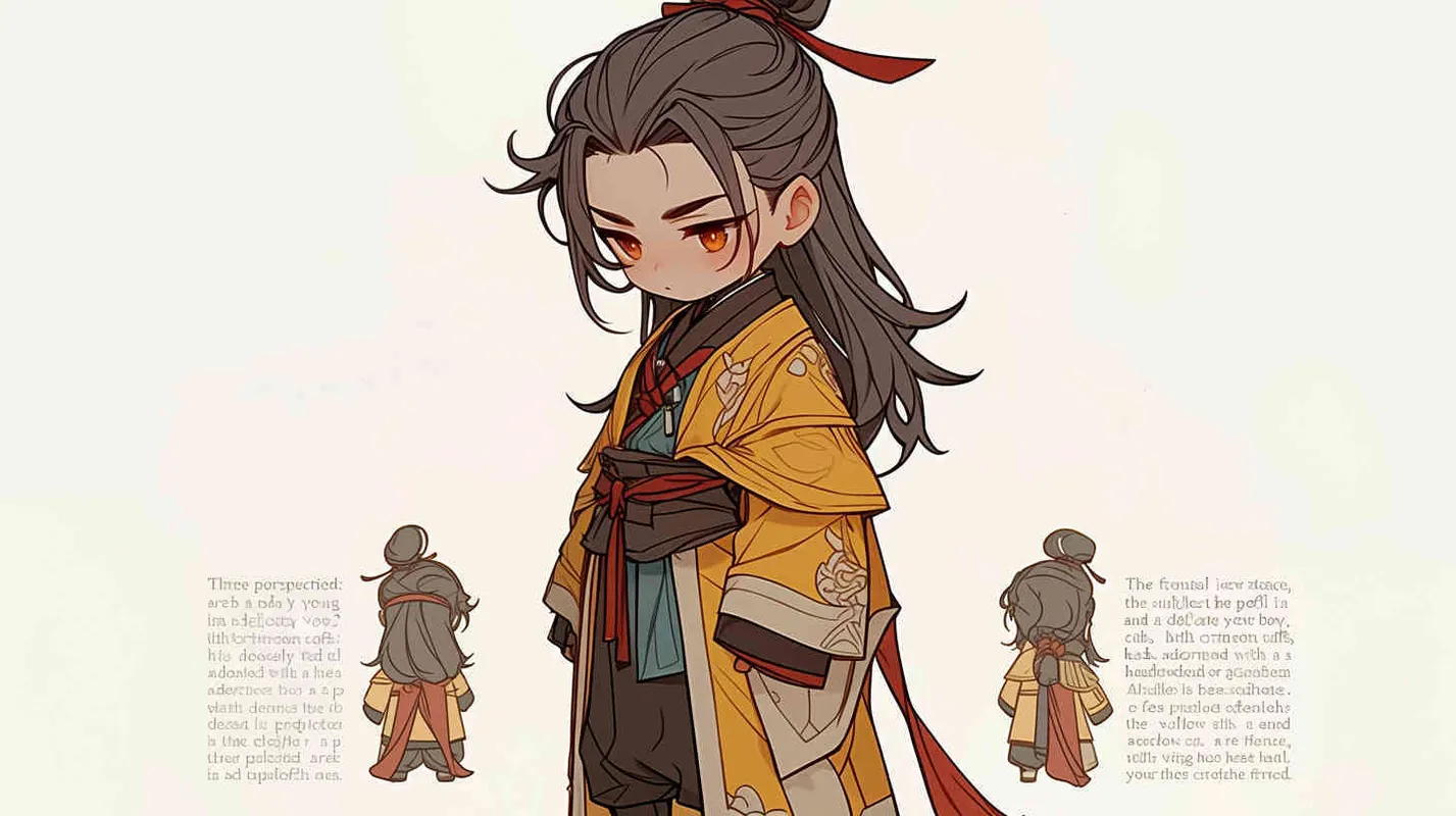 Three views , namely the front view , the side view and the back view，and full body, featuring a Q version of an ancient costume for a boy wearing a light yellow Taoist clothing, red cuffs, half tied long hair, and red headband， DeI stijil,chibi style,  OC setting, Q-version art style, white background,  ancient style IP design,  best quality, using the Niji v6 version, size must be horizontal version，Three perspectives on the same horizontal line ，4k, super detail , front view -- Niji v6- style 150-- ar 3:2-- style raw - style4部分