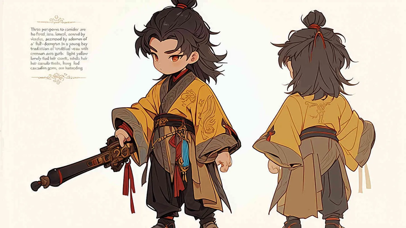Three views , namely the front view , the side view and the back view，and full body, featuring a Q version of an ancient costume for a boy wearing a light yellow Taoist clothing, red cuffs, half tied long hair, and red headband， DeI stijil,chibi style,  OC setting, Q-version art style, white background,  ancient style IP design,  best quality, using the Niji v6 version, size must be horizontal version，Three perspectives on the same horizontal line ，4k, super detail , front view -- Niji v6- style 150-- ar 3:2-- style raw - style1部分