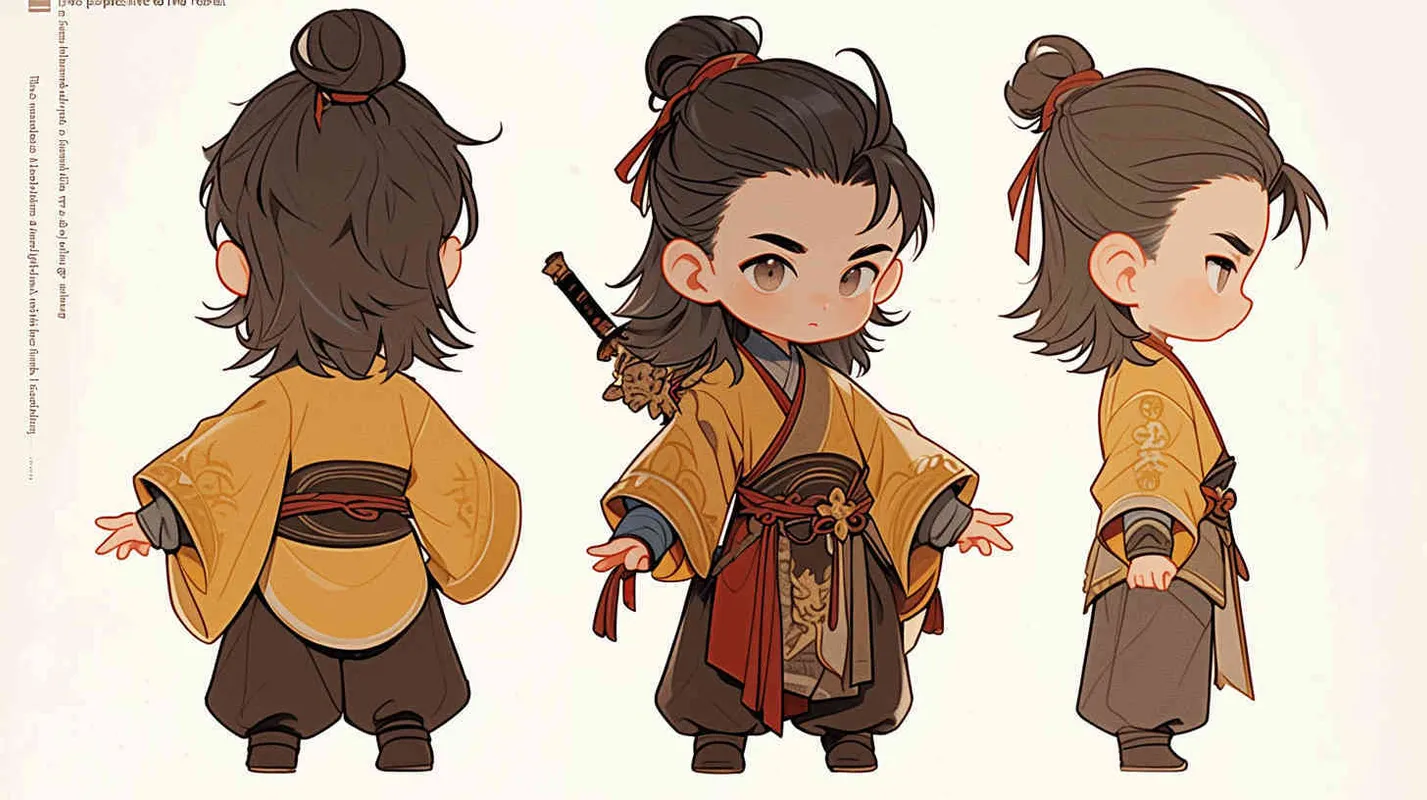 Three views , namely the front view , the side view and the back view，and full body, featuring a Q version of an ancient costume for a boy wearing a light yellow Taoist clothing, red cuffs, half tied long hair, and red headband， DeI stijil,chibi style,  OC setting, Q-version art style, white background,  ancient style IP design,  best quality, using the Niji v6 version, size must be horizontal version，Three perspectives on the same horizontal line ，4k, super detail , front view -- Niji v6- style 150-- ar 3:2-- style raw - style2部分