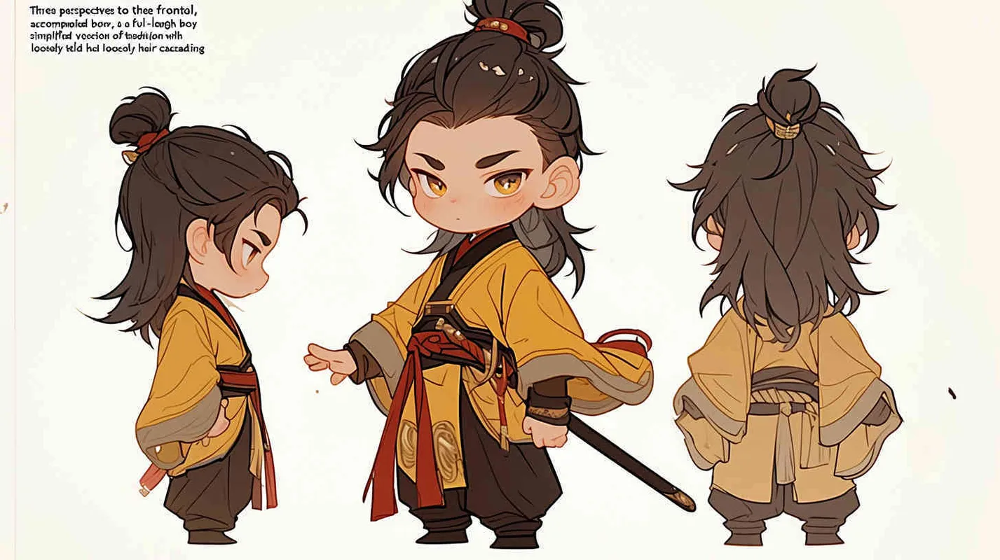 Three views , namely the front view , the side view and the back view，and full body, featuring a Q version of an ancient costume for a boy wearing a light yellow Taoist clothing, red cuffs, half tied long hair, and red headband， DeI stijil,chibi style,  OC setting, Q-version art style, white background,  ancient style IP design,  best quality, using the Niji v6 version, size must be horizontal version，Three perspectives on the same horizontal line ，4k, super detail , front view -- Niji v6- style 150-- ar 3:2-- style raw - style3部分