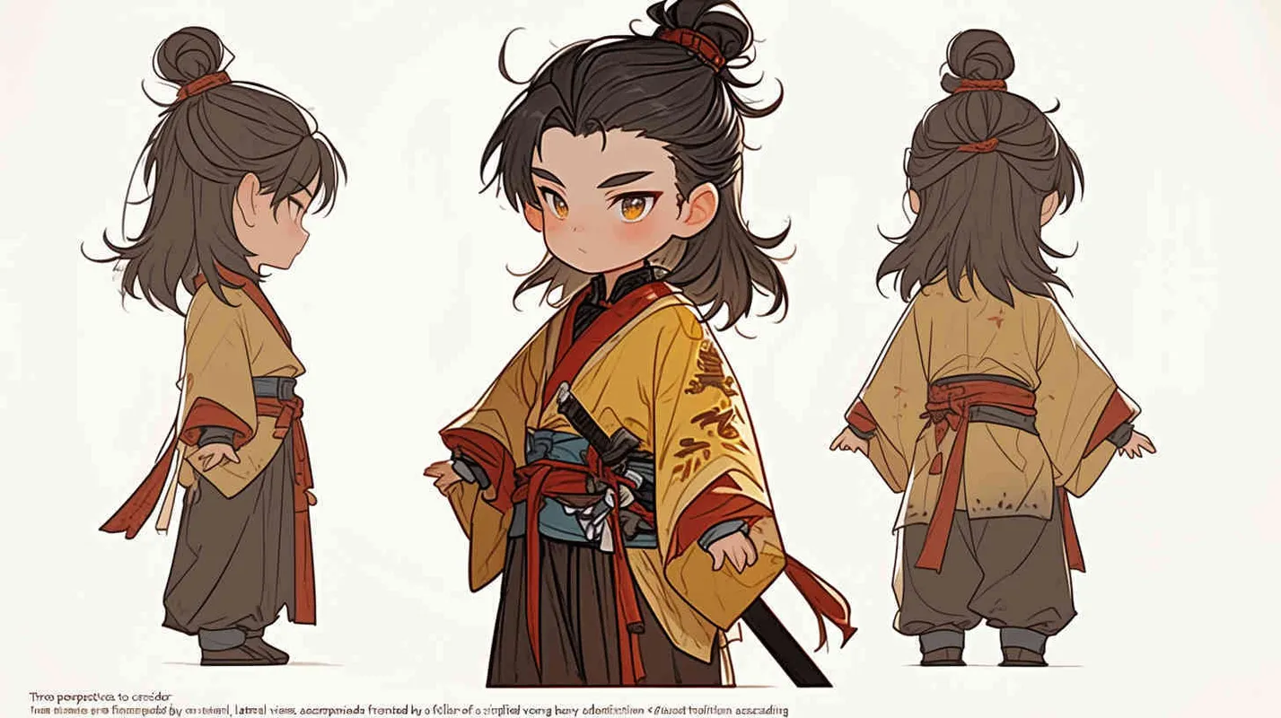 Three views , namely the front view , the side view and the back view，and full body, featuring a Q version of an ancient costume for a boy wearing a light yellow Taoist clothing, red cuffs, half tied long hair, and red headband， DeI stijil,chibi style,  OC setting, Q-version art style, white background,  ancient style IP design,  best quality, using the Niji v6 version, size must be horizontal version，Three perspectives on the same horizontal line ，4k, super detail , front view -- Niji v6- style 150-- ar 3:2-- style raw - style4部分