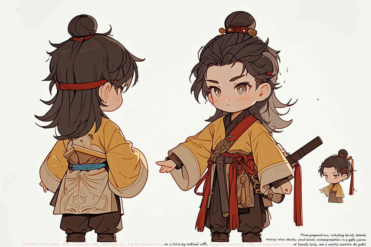 Three views , namely the front view , the side view and the back view，and full body, featuring a Q version of an ancient costume for a boy wearing a light yellow Taoist clothing, red cuffs, half tied long hair, and red headband， DeI stijil,chibi style,  OC setting, Q-version art style, white background,  ancient style IP design,  best quality, using the Niji v6 version, size must be horizontal version，Three perspectives on the same horizontal line ，4k, super detail , front view — Niji v6- style 150– ar 3:2– style raw – AI绘画作品展示 | Midjourney中文版生成