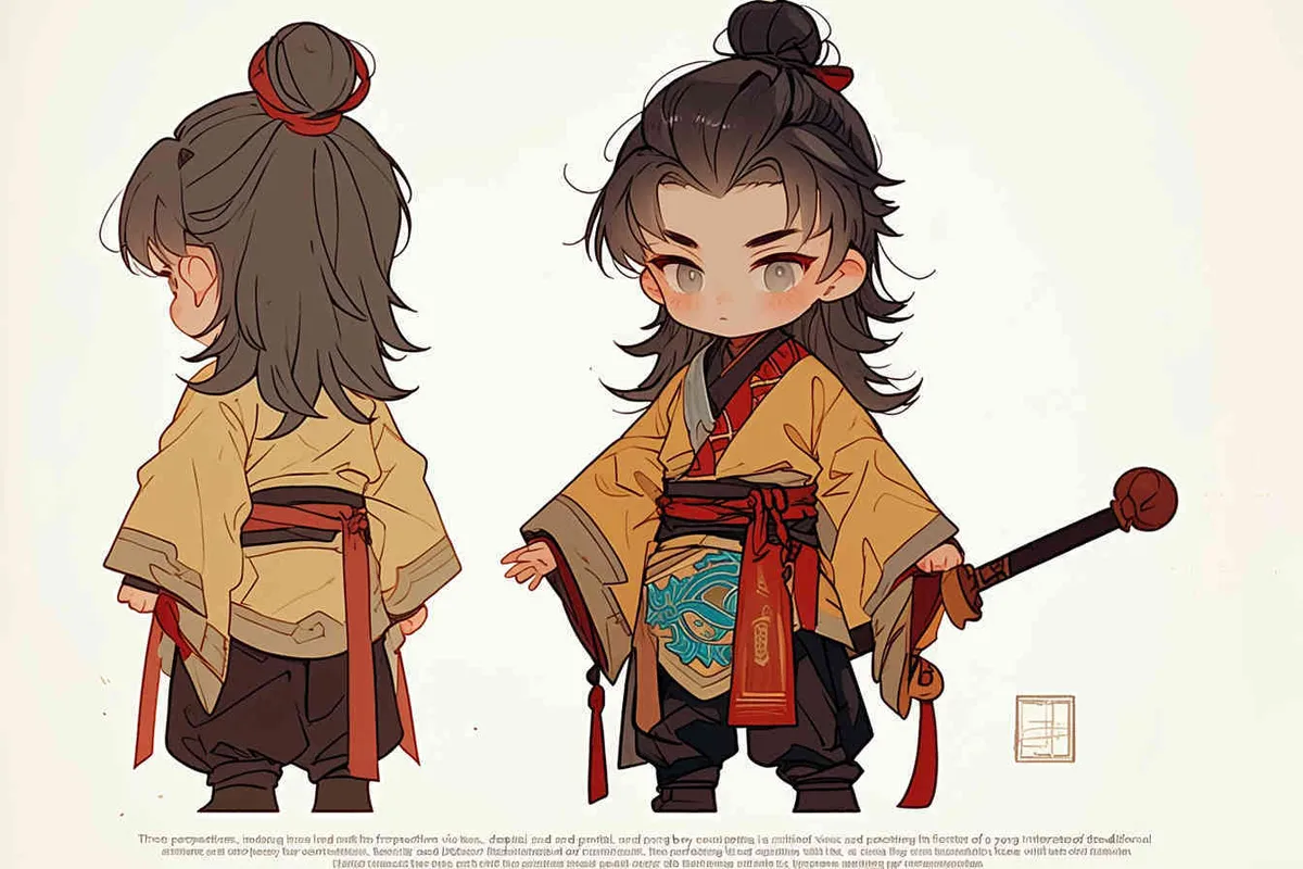 Three views , namely the front view , the side view and the back view，and full body, featuring a Q version of an ancient costume for a boy wearing a light yellow Taoist clothing, red cuffs, half tied long hair, and red headband， DeI stijil,chibi style,  OC setting, Q-version art style, white background,  ancient style IP design,  best quality, using the Niji v6 version, size must be horizontal version，Three perspectives on the same horizontal line ，4k, super detail , front view -- Niji v6- style 150-- ar 3:2-- style raw - style2部分