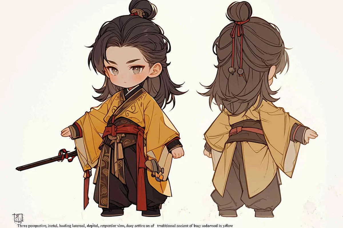 Three views , namely the front view , the side view and the back view，and full body, featuring a Q version of an ancient costume for a boy wearing a light yellow Taoist clothing, red cuffs, half tied long hair, and red headband， DeI stijil,chibi style,  OC setting, Q-version art style, white background,  ancient style IP design,  best quality, using the Niji v6 version, size must be horizontal version，Three perspectives on the same horizontal line ，4k, super detail , front view -- Niji v6- style 150-- ar 3:2-- style raw - style3部分