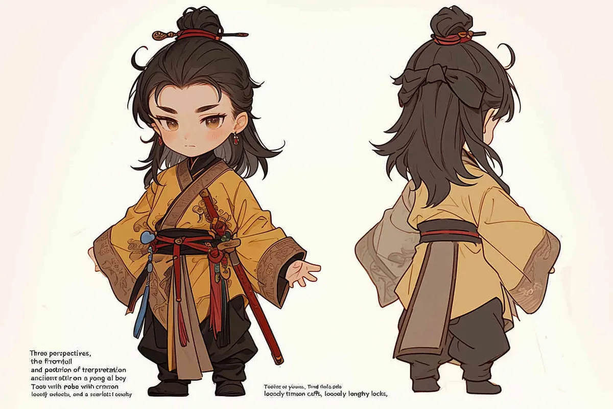 Three views , namely the front view , the side view and the back view，and full body, featuring a Q version of an ancient costume for a boy wearing a light yellow Taoist clothing, red cuffs, half tied long hair, and red headband， DeI stijil,chibi style,  OC setting, Q-version art style, white background,  ancient style IP design,  best quality, using the Niji v6 version, size must be horizontal version，Three perspectives on the same horizontal line ，4k, super detail , front view -- Niji v6- style 150-- ar 3:2-- style raw - style4部分