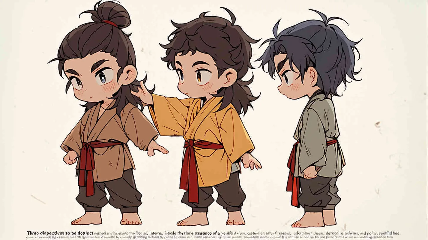 Three views , namely the front view , the side view and the back view，and full body, featuring a Q version of an ancient costume for a boy wearing a light yellow Taoist clothing, red cuffs, half tied long hair, and red headband， DeI stijil,chibi style,  OC setting, Q-version art style, white background,  ancient style IP design,  best quality, using the Niji v6 version, size must be horizontal version，Three perspectives on the same horizontal line ，4k, super detail , front view -- Niji v6- style 150-- ar 3:2-- style raw - style1部分