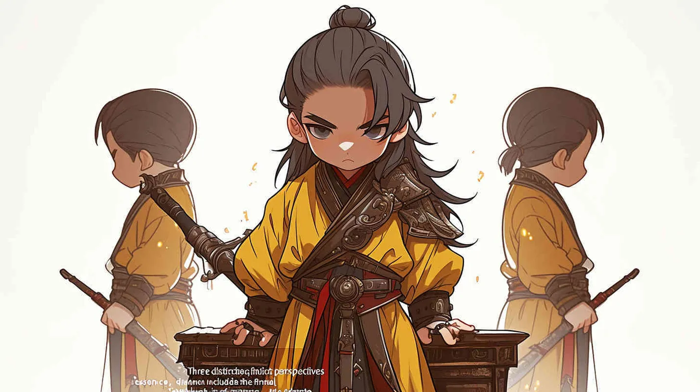 Three views , namely the front view , the side view and the back view，and full body, featuring a Q version of an ancient costume for a boy wearing a light yellow Taoist clothing, red cuffs, half tied long hair, and red headband， DeI stijil,chibi style,  OC setting, Q-version art style, white background,  ancient style IP design,  best quality, using the Niji v6 version, size must be horizontal version，Three perspectives on the same horizontal line ，4k, super detail , front view -- Niji v6- style 150-- ar 3:2-- style raw - style2部分