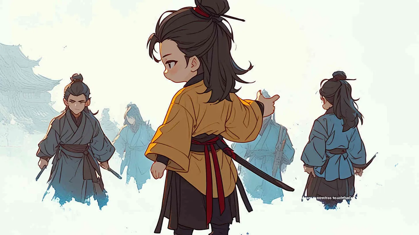 Three views , namely the front view , the side view and the back view，and full body, featuring a Q version of an ancient costume for a boy wearing a light yellow Taoist clothing, red cuffs, half tied long hair, and red headband， DeI stijil,chibi style,  OC setting, Q-version art style, white background,  ancient style IP design,  best quality, using the Niji v6 version, size must be horizontal version，Three perspectives on the same horizontal line ，4k, super detail , front view -- Niji v6- style 150-- ar 3:2-- style raw - style4部分