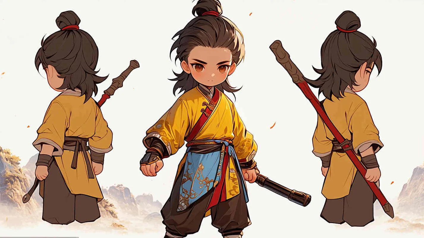 Three views , namely the front view , the side view and the back view，and full body, featuring a Q version of an ancient costume for a boy wearing a light yellow Taoist clothing, red cuffs, half tied long hair, and red headband,  eight character bangs, DeI stijil,chibi style,  OC setting, Q-version art style, white background,  ancient style IP design,  best quality, using the Niji v6 version, size must be horizontal version，Three perspectives on the same horizontal line ，4k, super detail , front view -- Niji v6- style 150-- ar 3:2-- style raw - style2部分