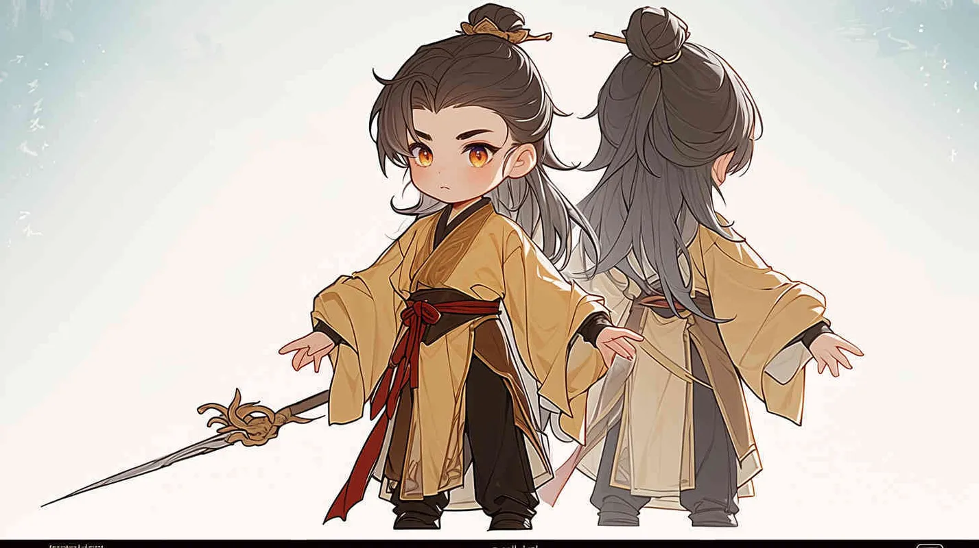 Three views , namely the front view , the side view and the back view，and full body, featuring a Q version of an ancient costume for a boy wearing a light yellow Taoist clothing, red cuffs, half tied long hair, and red headband,  eight character bangs, DeI stijil,chibi style,  OC setting, Q-version art style, white background,  ancient style IP design,  best quality, using the Niji v6 version, size must be horizontal version，Three perspectives on the same horizontal line ，4k, super detail , front view -- Niji v6- style 150-- ar 3:2-- style raw - style3部分