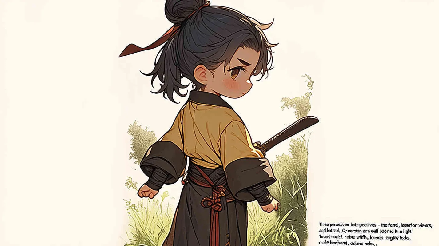 Three views , namely the front view , the side view and the back view，and full body, featuring a Q version of an ancient costume for a boy wearing a light yellow Taoist clothing, red cuffs, half tied long hair, and red headband,  eight character bangs, DeI stijil,chibi style,  OC setting, Q-version art style, white background,  ancient style IP design,  best quality, using the Niji v6 version, size must be horizontal version，Three perspectives on the same horizontal line ，4k, super detail , front view -- Niji v6- style 150-- ar 3:2-- style raw - style4部分