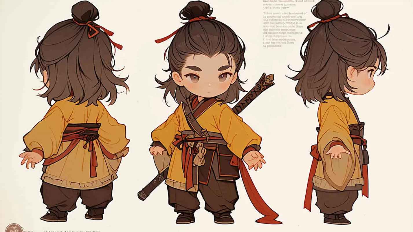 Three views , namely the front view , the side view and the back view，and full body, featuring a Q version of an ancient costume for a boy wearing a light yellow Taoist clothing, red cuffs, half tied long hair, and red headband,  eight character bangs, A three view view view, front, side,  DeI stijil,chibi style,  OC setting, Q-version art style, white background,  ancient style IP design,  best quality, using the Niji v6 version, size must be horizontal version，Three perspectives on the same horizontal line ，4k, super detail , front view -- Niji v6- style 150-- ar 3:2-- style raw - style1部分