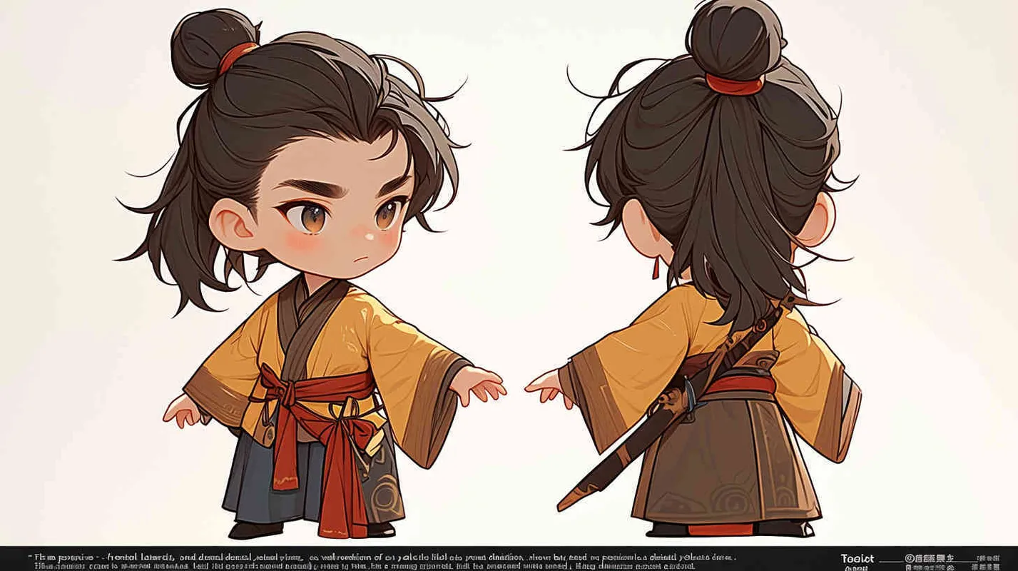 Three views , namely the front view , the side view and the back view，and full body, featuring a Q version of an ancient costume for a boy wearing a light yellow Taoist clothing, red cuffs, half tied long hair, and red headband,  eight character bangs, A three view view view, front, side,  DeI stijil,chibi style,  OC setting, Q-version art style, white background,  ancient style IP design,  best quality, using the Niji v6 version, size must be horizontal version，Three perspectives on the same horizontal line ，4k, super detail , front view -- Niji v6- style 150-- ar 3:2-- style raw - style2部分