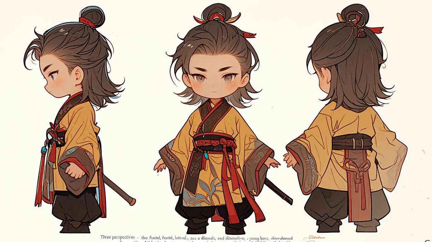 Three views , namely the front view , the side view and the back view，and full body, featuring a Q version of an ancient costume for a boy wearing a light yellow Taoist clothing, red cuffs, half tied long hair, and red headband,  eight character bangs, A three view view view, front, side,  DeI stijil,chibi style,  OC setting, Q-version art style, white background,  ancient style IP design,  best quality, using the Niji v6 version, size must be horizontal version，Three perspectives on the same horizontal line ，4k, super detail , front view -- Niji v6- style 150-- ar 3:2-- style raw - style3部分
