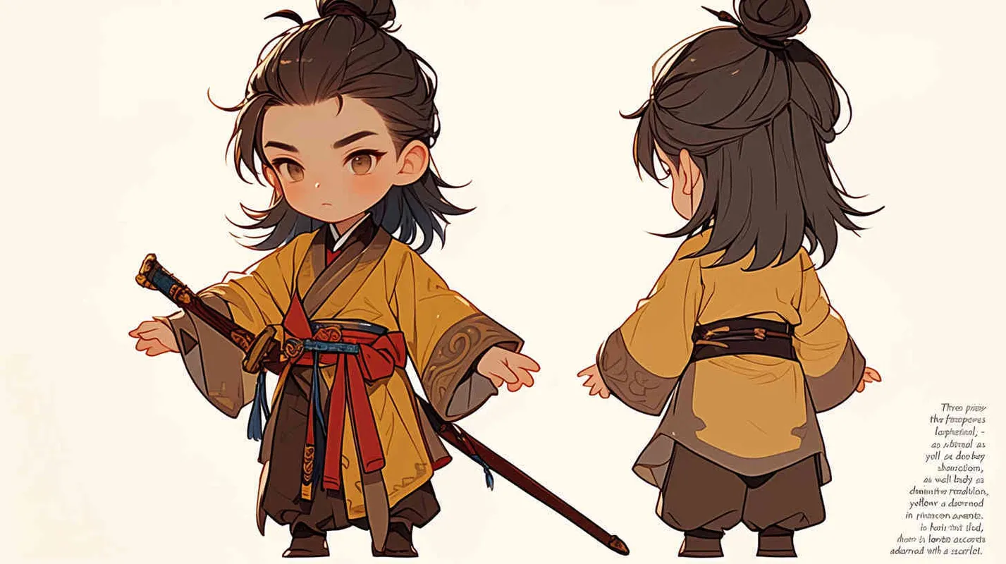 Three views , namely the front view , the side view and the back view，and full body, featuring a Q version of an ancient costume for a boy wearing a light yellow Taoist clothing, red cuffs, half tied long hair, and red headband,  eight character bangs, A three view view view, front, side,  DeI stijil,chibi style,  OC setting, Q-version art style, white background,  ancient style IP design,  best quality, using the Niji v6 version, size must be horizontal version，Three perspectives on the same horizontal line ，4k, super detail , front view -- Niji v6- style 150-- ar 3:2-- style raw - style4部分