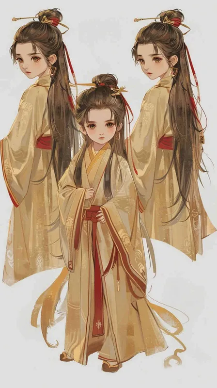 Three views , namely the front view , the side view and the back view，and full body, featuring a Q version of an ancient costume for a boy wearing a light yellow Taoist clothing, red cuffs, half tied long hair, and red headband,  long hair, eight character bangs, A three view view view, front, side,  DeI stijil,chibi style,  OC setting, Q-version art style, white background,  ancient style IP design,  best quality, using the Niji v6 version, size must be horizontal version，Three perspectives on the same horizontal line ，4k, super detail , front view -- Niji v6- style 150-- ar 3:2-- style raw - style2部分