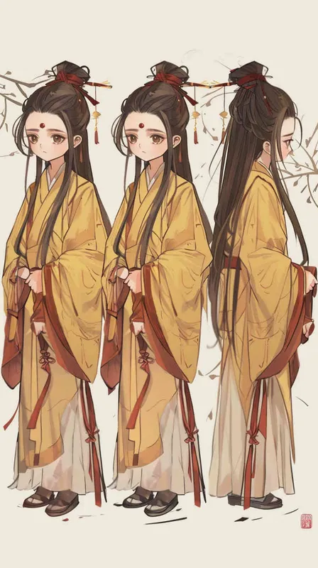 Three views , namely the front view , the side view and the back view，and full body, featuring a Q version of an ancient costume for a boy wearing a light yellow Taoist clothing, red cuffs, half tied long hair, and red headband,  long hair, eight character bangs, A three view view view, front, side,  DeI stijil,chibi style,  OC setting, Q-version art style, white background,  ancient style IP design,  best quality, using the Niji v6 version, size must be horizontal version，Three perspectives on the same horizontal line ，4k, super detail , front view -- Niji v6- style 150-- ar 3:2-- style raw - style3部分