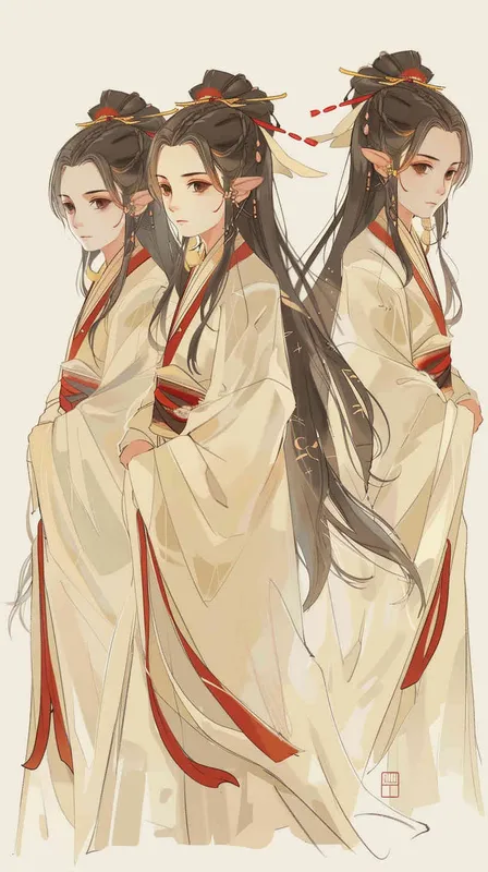 Three views , namely the front view , the side view and the back view，and full body, featuring a Q version of an ancient costume for a boy wearing a light yellow Taoist clothing, red cuffs, half tied long hair, and red headband,  long hair, eight character bangs, A three view view view, front, side,  DeI stijil,chibi style,  OC setting, Q-version art style, white background,  ancient style IP design,  best quality, using the Niji v6 version, size must be horizontal version，Three perspectives on the same horizontal line ，4k, super detail , front view -- Niji v6- style 150-- ar 3:2-- style raw - style4部分
