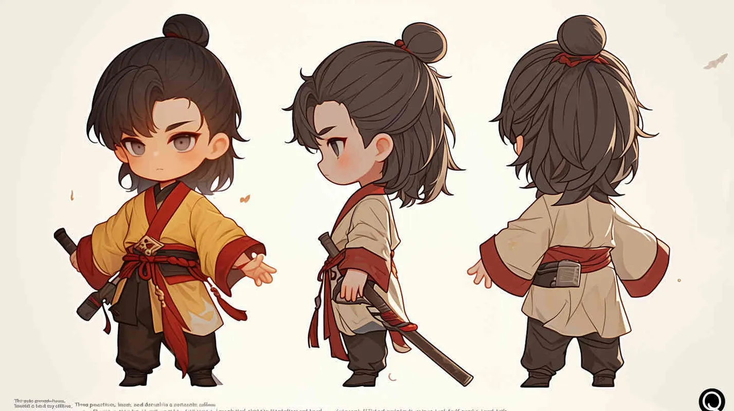 Three views , namely the front view , the side view and the back view，and full body, featuring a Q version of an ancient costume for a boy wearing a light yellow Taoist clothing, red cuffs, half tied long hair, and red headband,  eight character bangs, A three view view view, front, side,  DeI stijil,chibi style,  OC setting, Q-version art style, white background,  ancient style IP design,  best quality, using the Niji v6 version, size must be horizontal version，Three perspectives on the same horizontal line ，4k, super detail , front view -- Niji v6- style 150-- ar 3:2-- style raw - style2部分