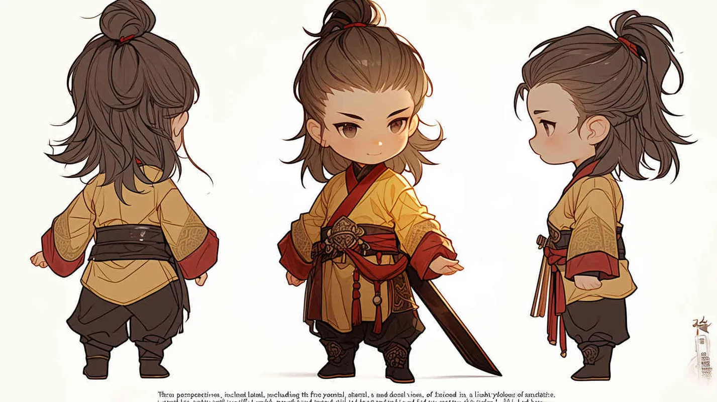 Three views , namely the front view , the side view and the back view，and full body, featuring a Q version of an ancient costume for a boy wearing a light yellow Taoist clothing, red cuffs, half tied long hair, and red headband,  eight character bangs, A three view view view, front, side,  DeI stijil,chibi style,  OC setting, Q-version art style, white background,  ancient style IP design,  best quality, using the Niji v6 version, size must be horizontal version，Three perspectives on the same horizontal line ，4k, super detail , front view -- Niji v6- style 150-- ar 3:2-- style raw - style3部分