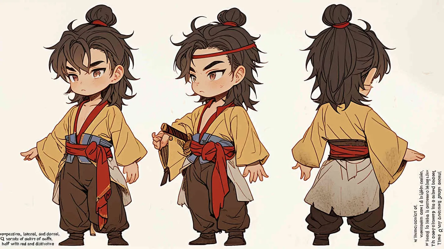 Three views , namely the front view , the side view and the back view，and full body, featuring a Q version of an ancient costume for a boy wearing a light yellow Taoist clothing, red cuffs, half tied long hair, and red headband,  eight character bangs, A three view view view, front, side,  DeI stijil,chibi style,  OC setting, Q-version art style, white background,  ancient style IP design,  best quality, using the Niji v6 version, size must be horizontal version，Three perspectives on the same horizontal line ，4k, super detail , front view -- Niji v6- style 150-- ar 3:2-- style raw - style4部分