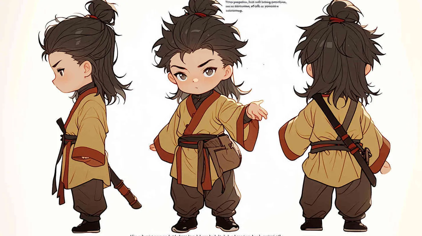 Three views , namely the front view , the side view and the back view，and full body, featuring a Q version of an ancient costume for a boy wearing a light yellow Taoist clothing, red cuffs, half tied long hair, and red headband, long hair over the shoulder， eight character bangs, A three view view view, front, side,  DeI stijil,chibi style,  OC setting, Q-version art style, white background,  ancient style IP design,  best quality, using the Niji v6 version, size must be horizontal version，Three perspectives on the same horizontal line ，4k, super detail , front view -- Niji v6- style 150-- ar 3:2-- style raw - style1部分