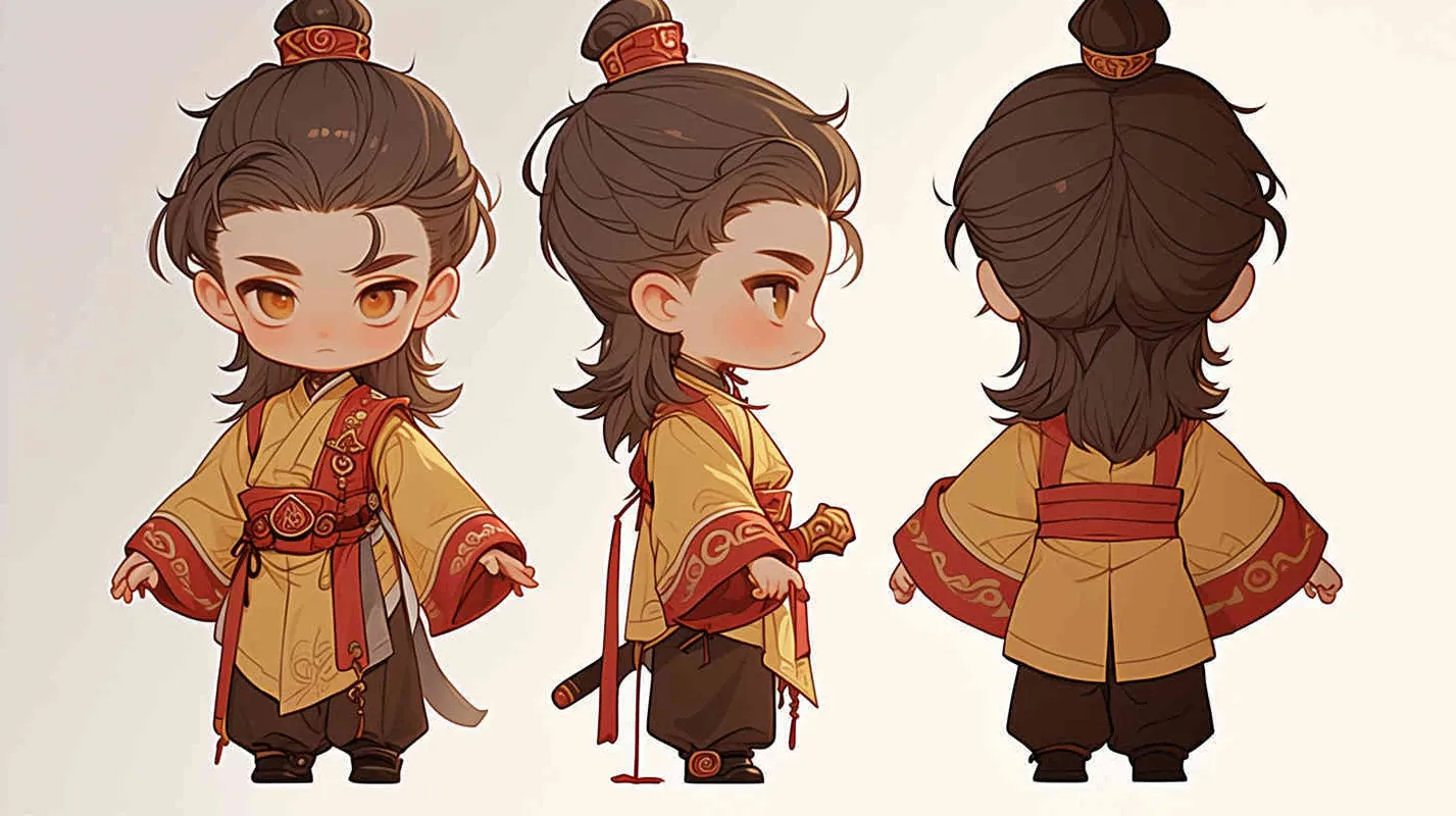 Three views , namely the front view , the side view and the back view，and full body, featuring a Q version of an ancient costume for a boy wearing a light yellow Taoist clothing, red cuffs, half tied long hair, and red headband, long hair over the shoulder， eight character bangs, A three view view view, front, side,  DeI stijil,chibi style,  OC setting, Q-version art style, white background,  ancient style IP design,  best quality, using the Niji v6 version, size must be horizontal version，Three perspectives on the same horizontal line ，4k, super detail , front view -- Niji v6- style 150-- ar 3:2-- style raw - style2部分