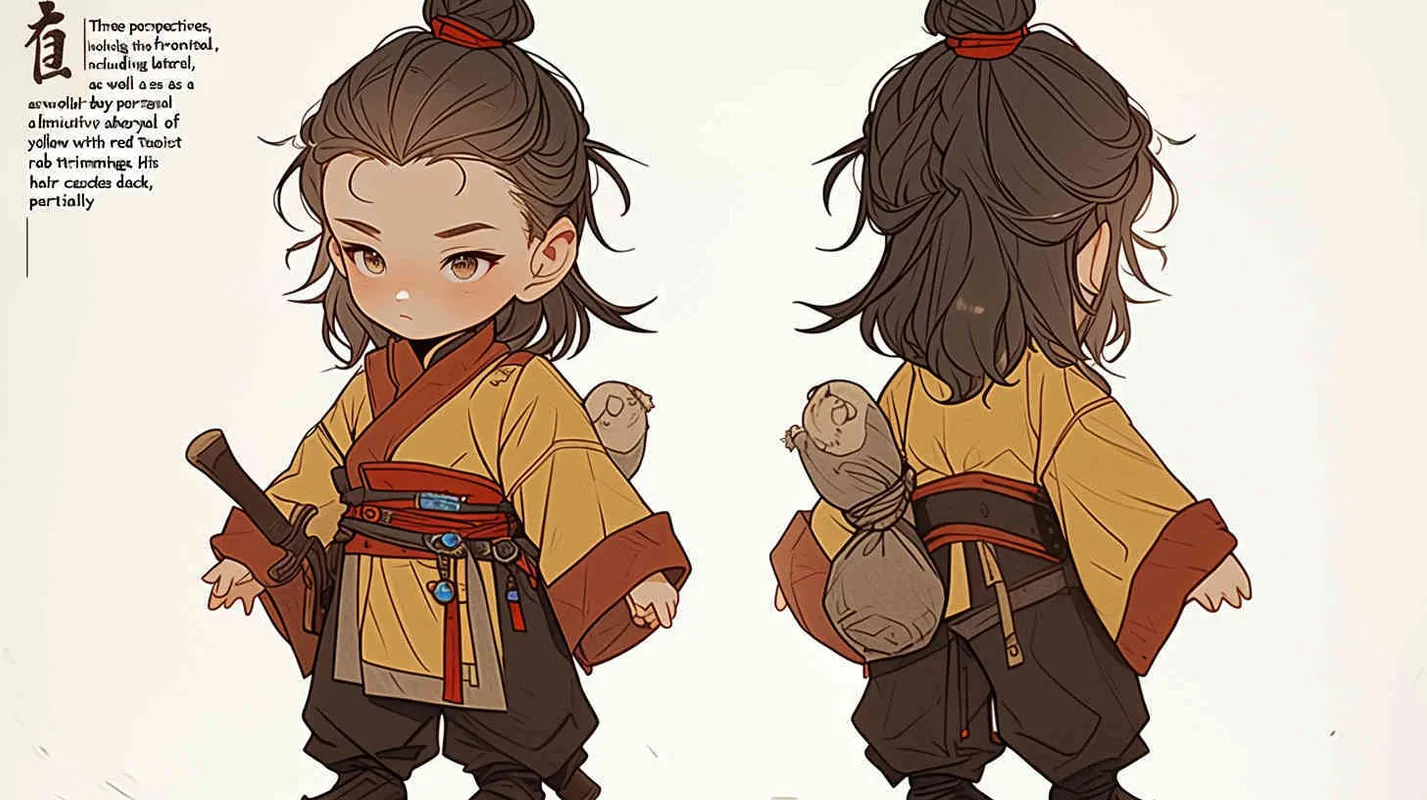 Three views , namely the front view , the side view and the back view，and full body, featuring a Q version of an ancient costume for a boy wearing a light yellow Taoist clothing, red cuffs, half tied long hair, and red headband, long hair over the shoulder， eight character bangs, A three view view view, front, side,  DeI stijil,chibi style,  OC setting, Q-version art style, white background,  ancient style IP design,  best quality, using the Niji v6 version, size must be horizontal version，Three perspectives on the same horizontal line ，4k, super detail , front view -- Niji v6- style 150-- ar 3:2-- style raw - style3部分