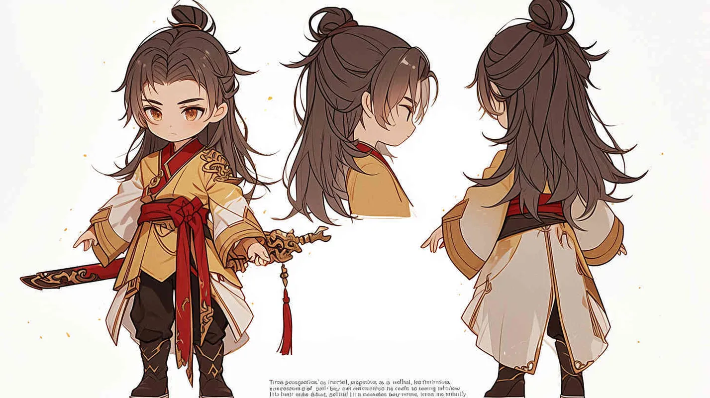 Three views , namely the front view , the side view and the back view，and full body, featuring a Q version of an ancient costume for a boy wearing a light yellow Taoist clothing, red cuffs, half tied long hair, and red headband, long hair over the shoulder， eight character bangs, A three view view view, front, side,  DeI stijil,chibi style,  OC setting, Q-version art style, white background,  ancient style IP design,  best quality, using the Niji v6 version, size must be horizontal version，Three perspectives on the same horizontal line ，4k, super detail , front view -- Niji v6- style 150-- ar 3:2-- style raw - style4部分