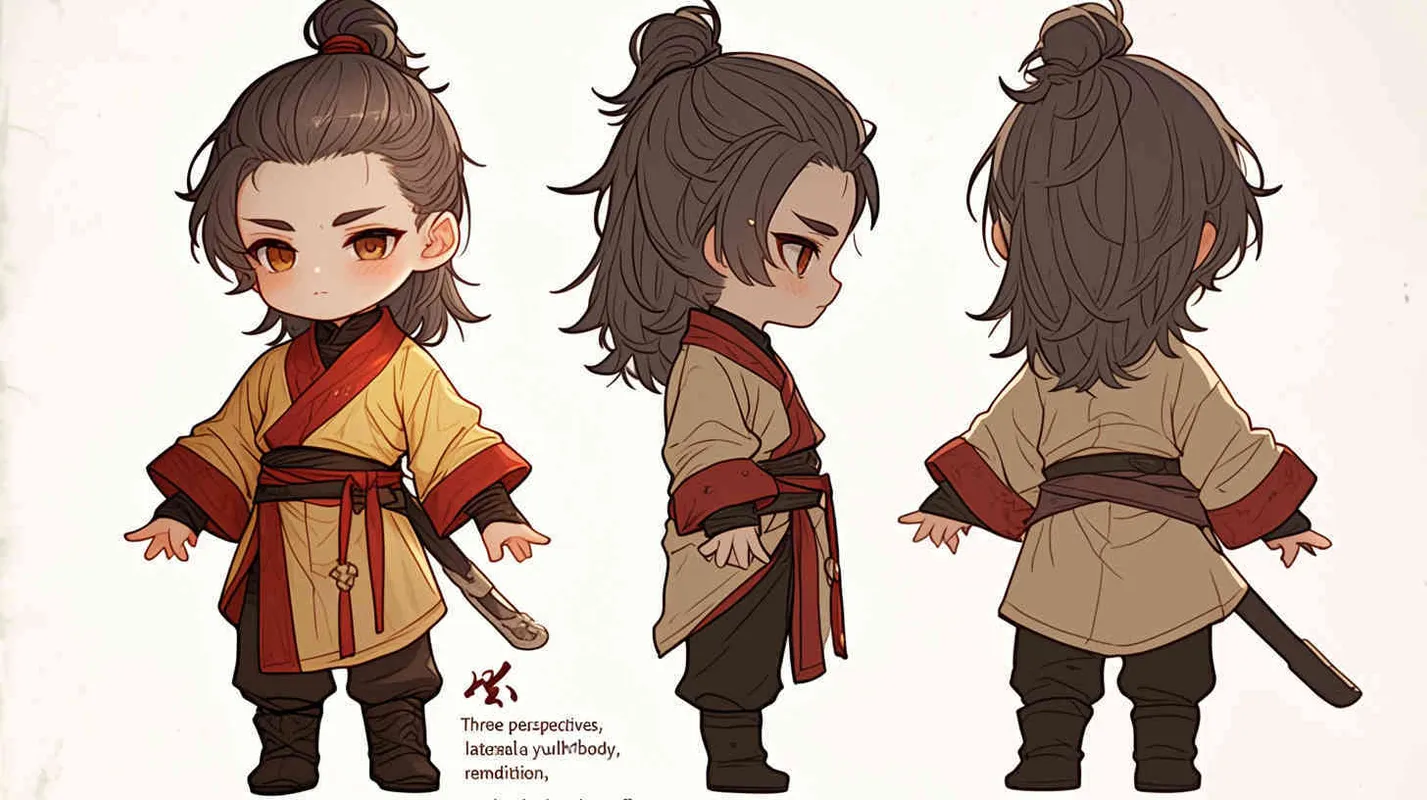 Three views , namely the front view , the side view and the back view，and full body, featuring a Q version of an ancient costume for a boy wearing a light yellow Taoist clothing, red cuffs, half tied long hair, and red headband, long hair over the shoulder， eight character bangs, A three view view view, front, side,  DeI stijil,chibi style,  OC setting, Q-version art style, white background,  ancient style IP design,  best quality, using the Niji v6 version, size must be horizontal version，Three perspectives on the same horizontal line ，4k, super detail , front view -- Niji v6- style 150-- ar 3:2-- style raw - style1部分