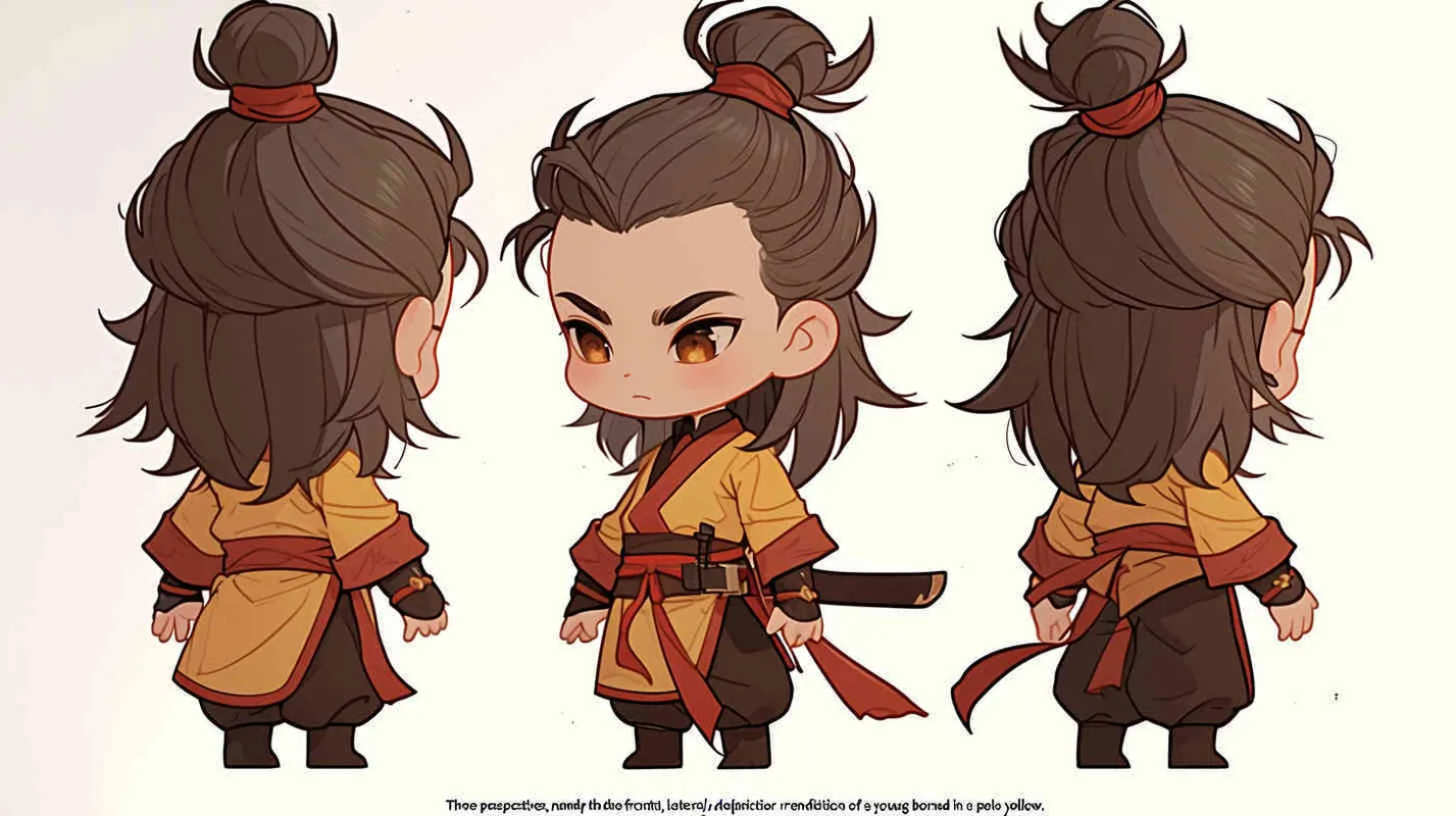 Three views , namely the front view , the side view and the back view，and full body, featuring a Q version of an ancient costume for a boy wearing a light yellow Taoist clothing, red cuffs, half tied long hair, and red headband, long hair over the shoulder， eight character bangs, A three view view view, front, side,  DeI stijil,chibi style,  OC setting, Q-version art style, white background,  ancient style IP design,  best quality, using the Niji v6 version, size must be horizontal version，Three perspectives on the same horizontal line ，4k, super detail , front view -- Niji v6- style 150-- ar 3:2-- style raw - style2部分