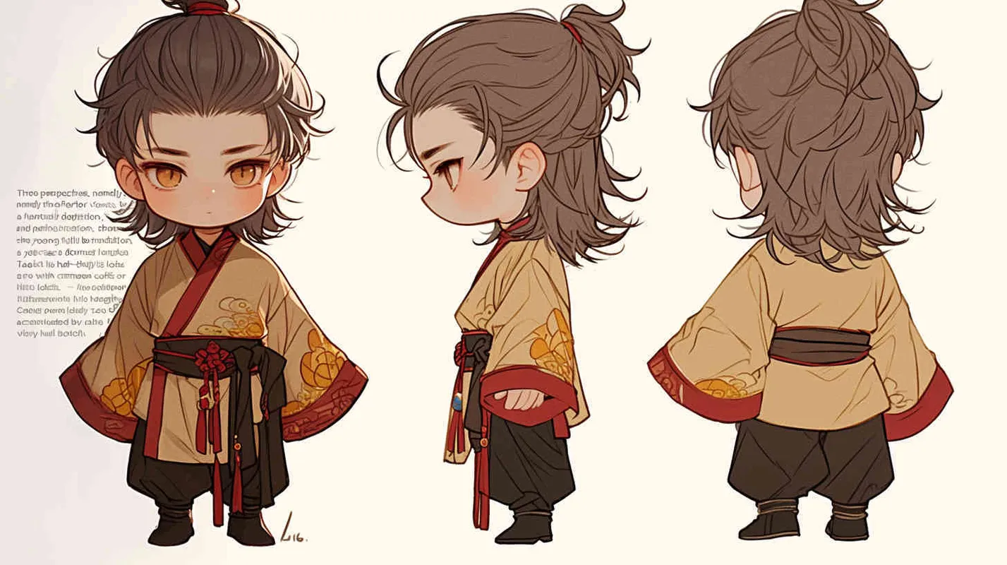 Three views , namely the front view , the side view and the back view，and full body, featuring a Q version of an ancient costume for a boy wearing a light yellow Taoist clothing, red cuffs, half tied long hair, and red headband, long hair over the shoulder， eight character bangs, A three view view view, front, side,  DeI stijil,chibi style,  OC setting, Q-version art style, white background,  ancient style IP design,  best quality, using the Niji v6 version, size must be horizontal version，Three perspectives on the same horizontal line ，4k, super detail , front view -- Niji v6- style 150-- ar 3:2-- style raw - style3部分