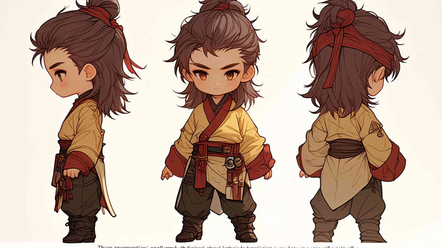 Three views , namely the front view , the side view and the back view，and full body, featuring a Q version of an ancient costume for a boy wearing a light yellow Taoist clothing, red cuffs, half tied long hair, and red headband, long hair over the shoulder， eight character bangs, A three view view view, front, side,  DeI stijil,chibi style,  OC setting, Q-version art style, white background,  ancient style IP design,  best quality, using the Niji v6 version, size must be horizontal version，Three perspectives on the same horizontal line ，4k, super detail , front view -- Niji v6- style 150-- ar 3:2-- style raw - style4部分