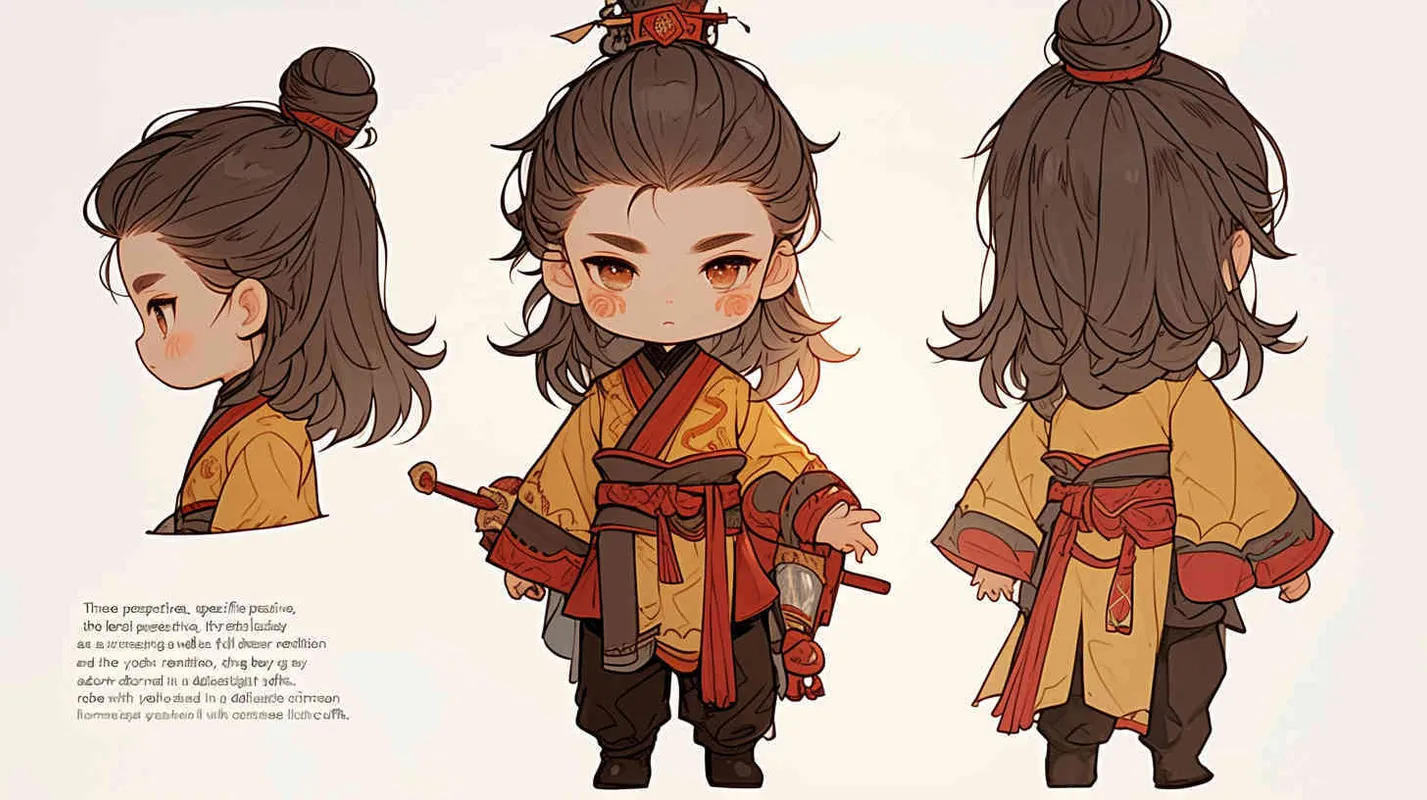Three views , namely the front view , the side view and the back view，and full body, featuring a Q version of an ancient costume for a boy wearing a light yellow Taoist clothing, red cuffs, half tied long hair, and red headband, long hair over the shoulder， eight character bangs, A three view view view, front, side,  DeI stijil,chibi style,  OC setting, Q-version art style, white background,  ancient style IP design,  best quality, using the Niji v6 version, size must be horizontal version，Three perspectives on the same horizontal line ，4k, super detail , front view -- Niji v6- style 150-- ar 3:2-- style raw - style1部分