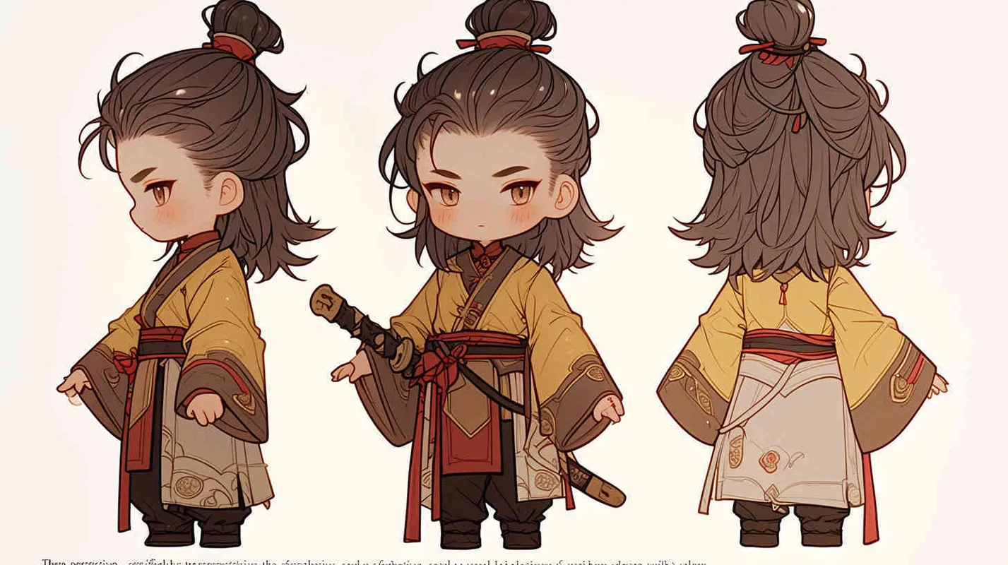 Three views , namely the front view , the side view and the back view，and full body, featuring a Q version of an ancient costume for a boy wearing a light yellow Taoist clothing, red cuffs, half tied long hair, and red headband, long hair over the shoulder， eight character bangs, A three view view view, front, side,  DeI stijil,chibi style,  OC setting, Q-version art style, white background,  ancient style IP design,  best quality, using the Niji v6 version, size must be horizontal version，Three perspectives on the same horizontal line ，4k, super detail , front view -- Niji v6- style 150-- ar 3:2-- style raw - style2部分