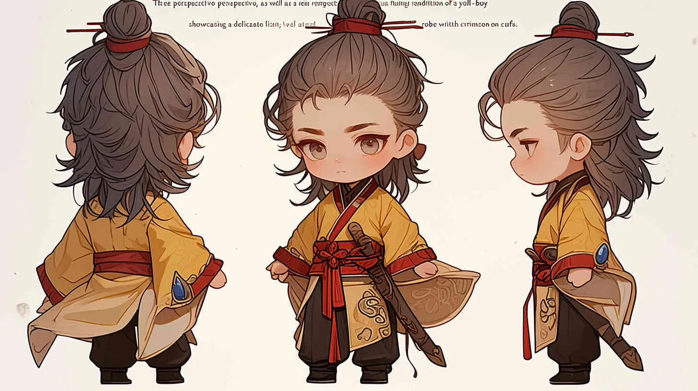 Three views , namely the front view , the side view and the back view，and full body, featuring a Q version of an ancient costume for a boy wearing a light yellow Taoist clothing, red cuffs, half tied long hair, and red headband, long hair over the shoulder， eight character bangs, A three view view view, front, side,  DeI stijil,chibi style,  OC setting, Q-version art style, white background,  ancient style IP design,  best quality, using the Niji v6 version, size must be horizontal version，Three perspectives on the same horizontal line ，4k, super detail , front view -- Niji v6- style 150-- ar 3:2-- style raw - style3部分