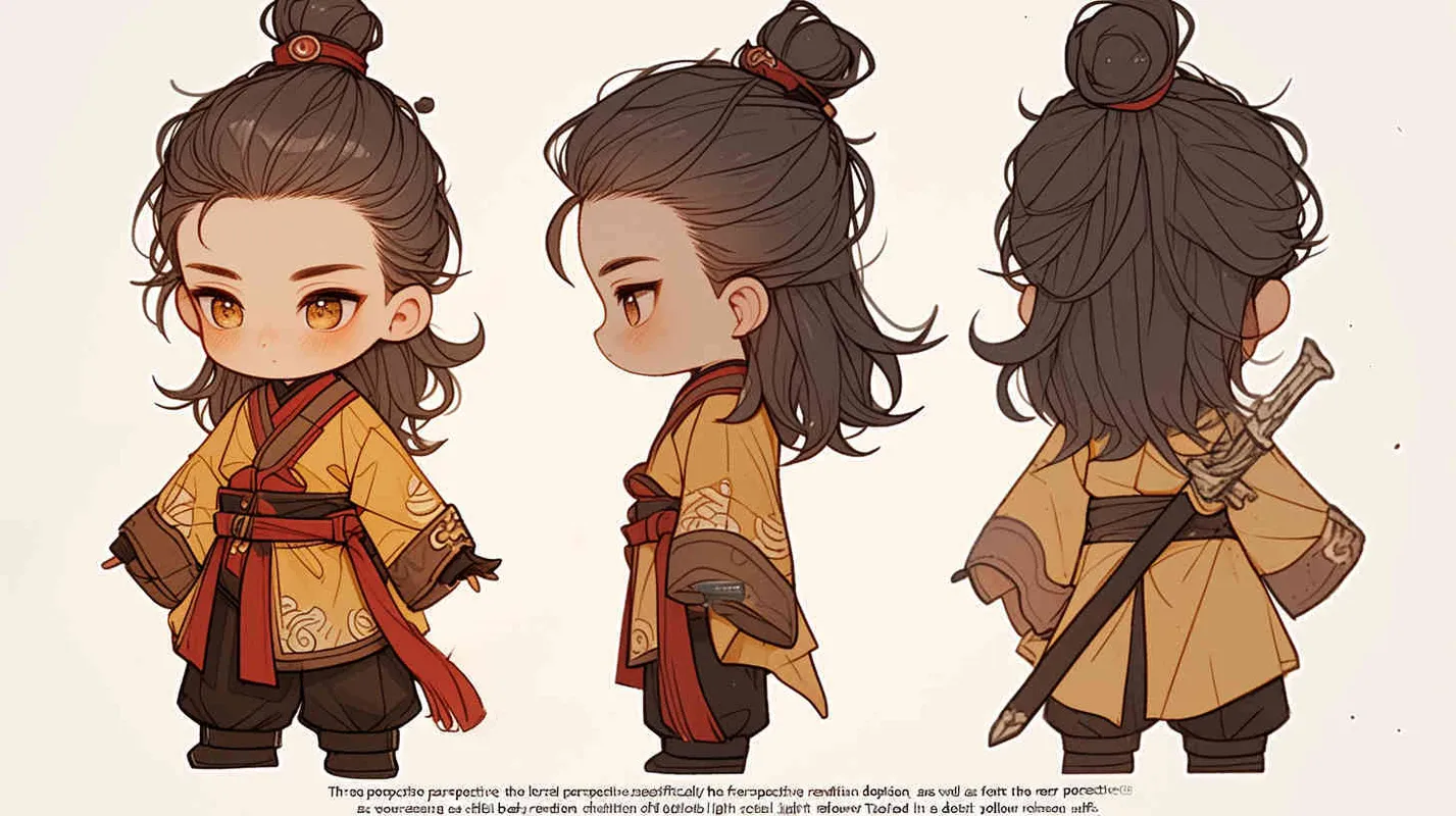 Three views , namely the front view , the side view and the back view，and full body, featuring a Q version of an ancient costume for a boy wearing a light yellow Taoist clothing, red cuffs, half tied long hair, and red headband, long hair over the shoulder， eight character bangs, A three view view view, front, side,  DeI stijil,chibi style,  OC setting, Q-version art style, white background,  ancient style IP design,  best quality, using the Niji v6 version, size must be horizontal version，Three perspectives on the same horizontal line ，4k, super detail , front view -- Niji v6- style 150-- ar 3:2-- style raw - style4部分